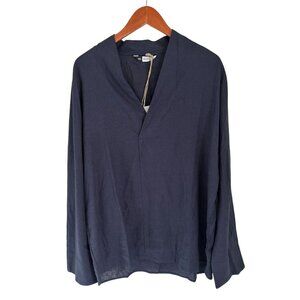 Kidoriman Tunic Linen & Cotton Navy Long Sleeve V-Neck Shirt With Buttoned Cuffs